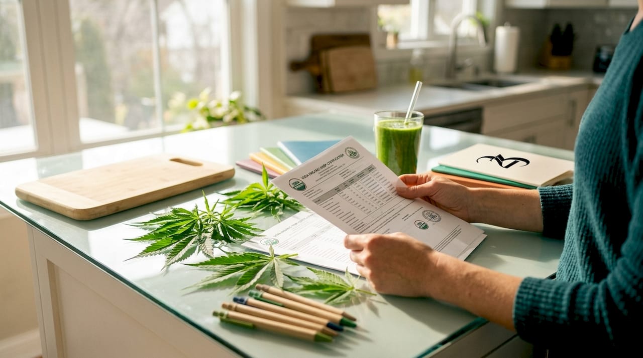 Hands reviewing organic hemp certification documents