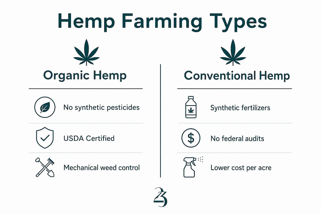Infographic showing organic vs conventional hemp farming comparison