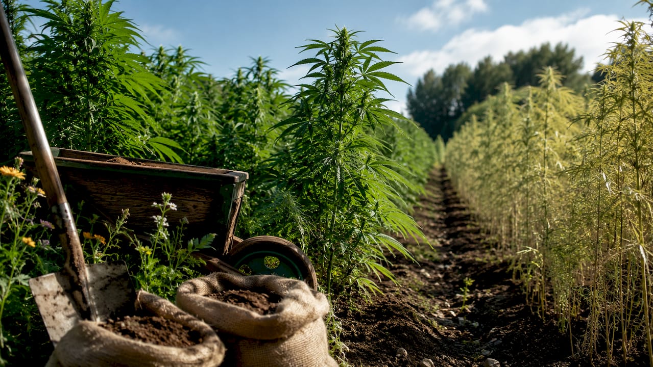 Side-by-side photo of organic and synthetic hemp fields