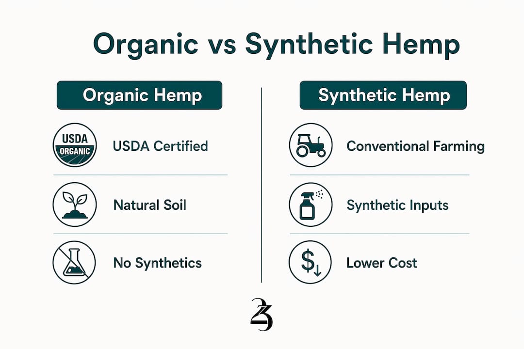 Infographic comparing organic and synthetic hemp characteristics
