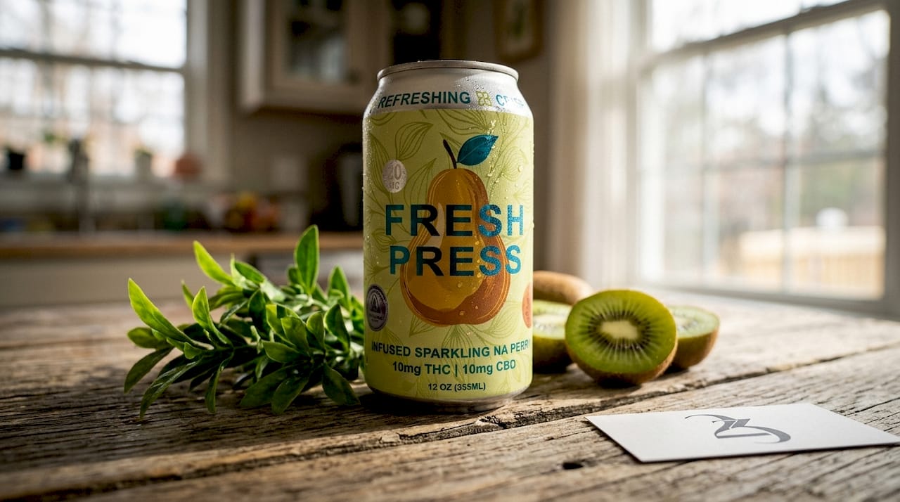 Close-up of broad spectrum CBD beverage can with ingredients