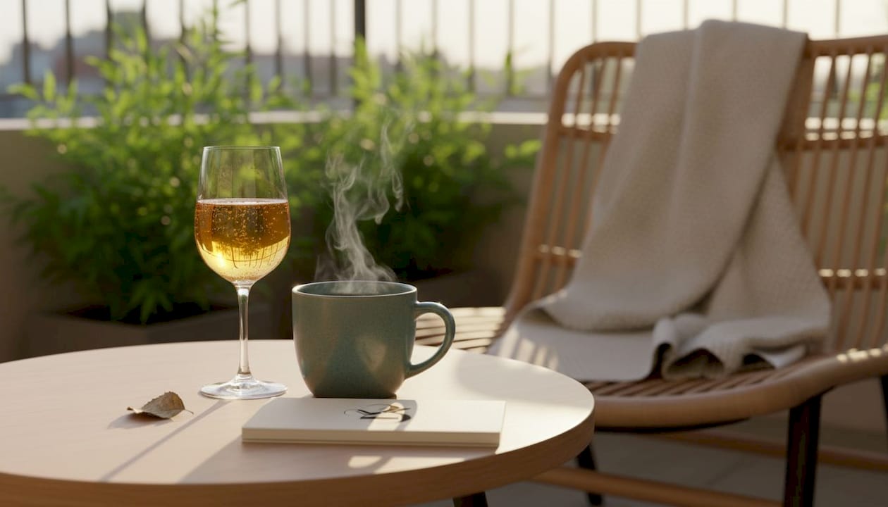 Cozy living room table with cannabis routine tools
