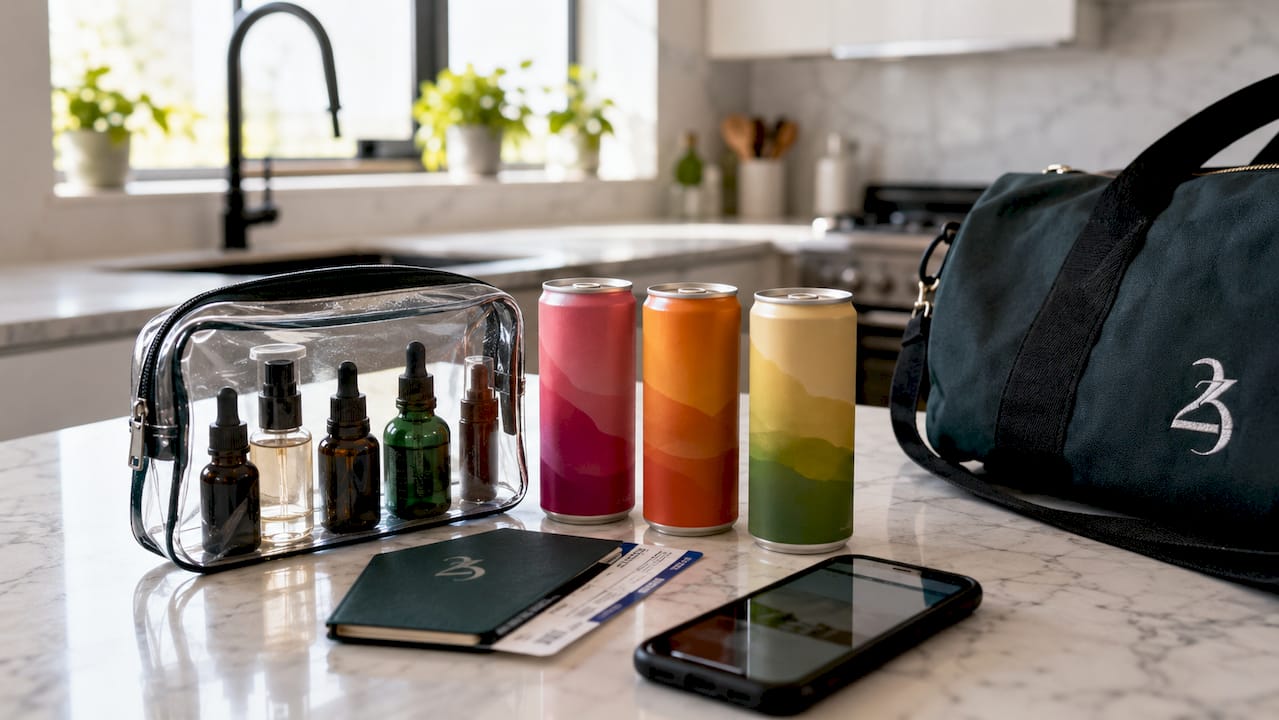 Organized hemp travel essentials on dresser in sunlight
