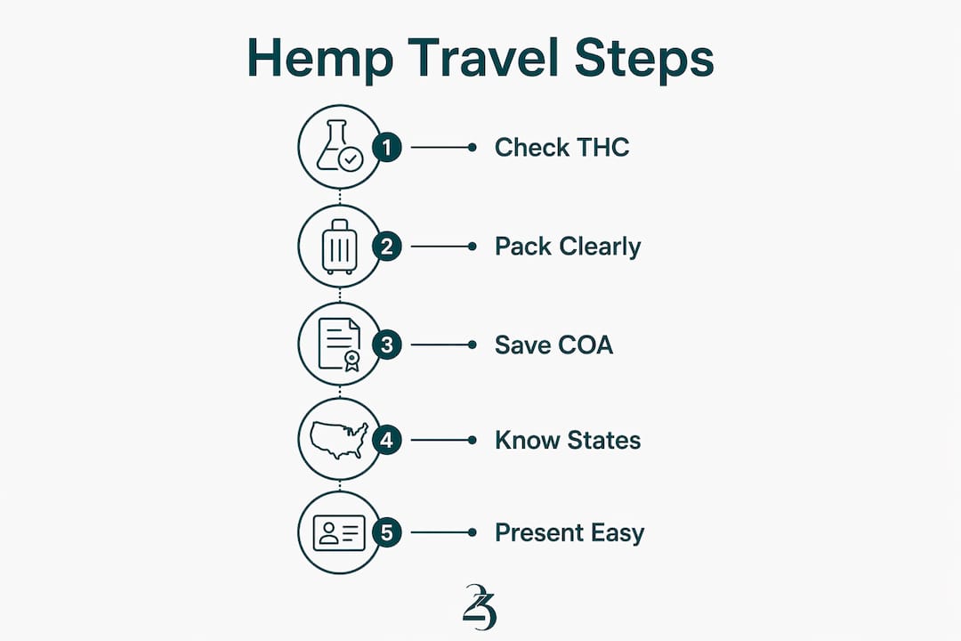Infographic showing five hemp travel compliance steps