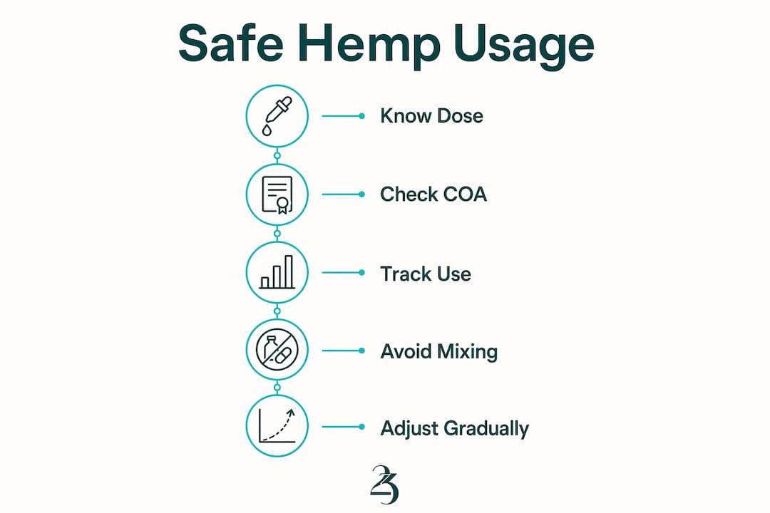 Vertical flow infographic on safe hemp usage steps