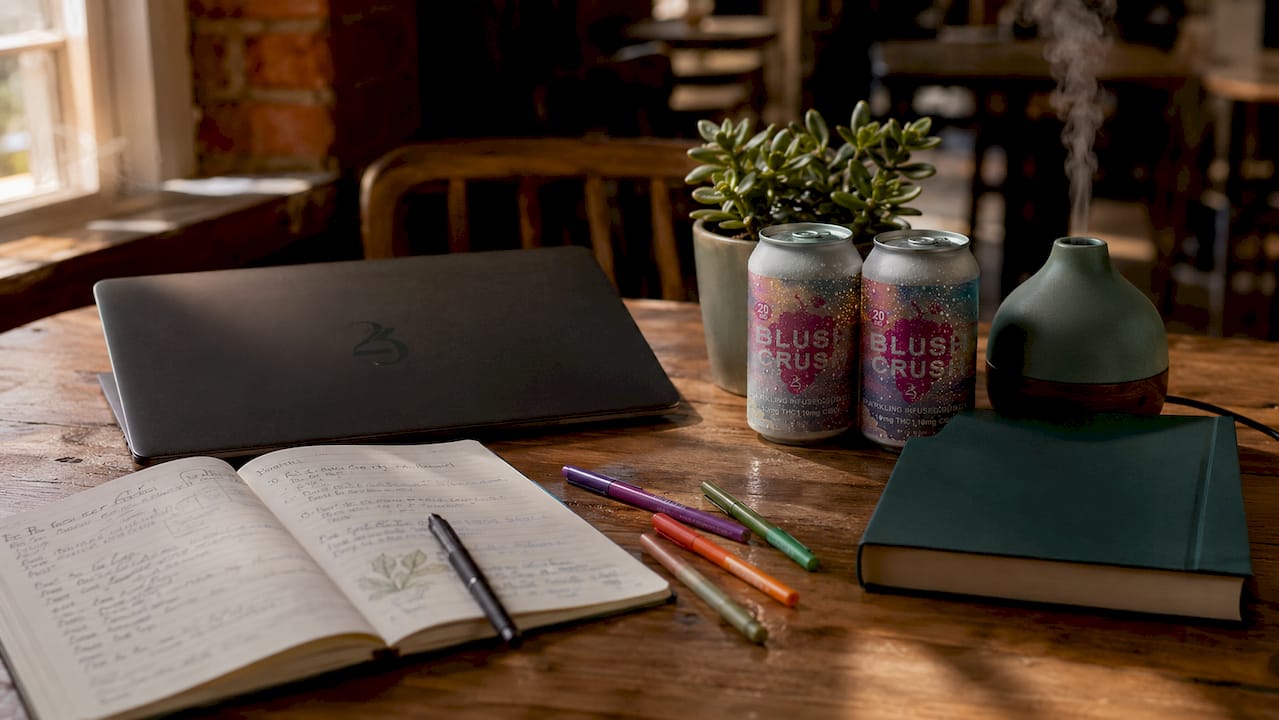 Workspace with plant-based notes and cannabis beverages