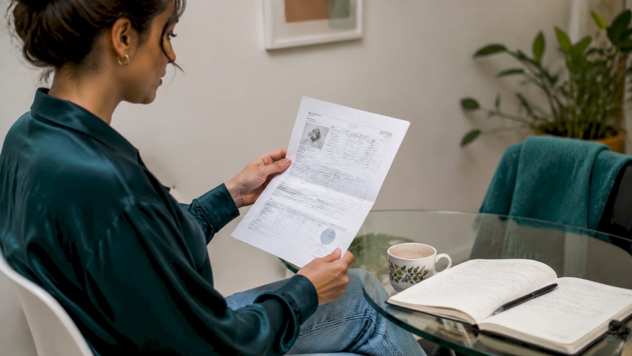 Hands reviewing CBD lab results document