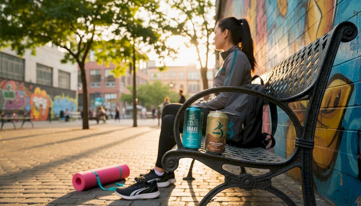 Cannabis beverages and fitness gear on park bench