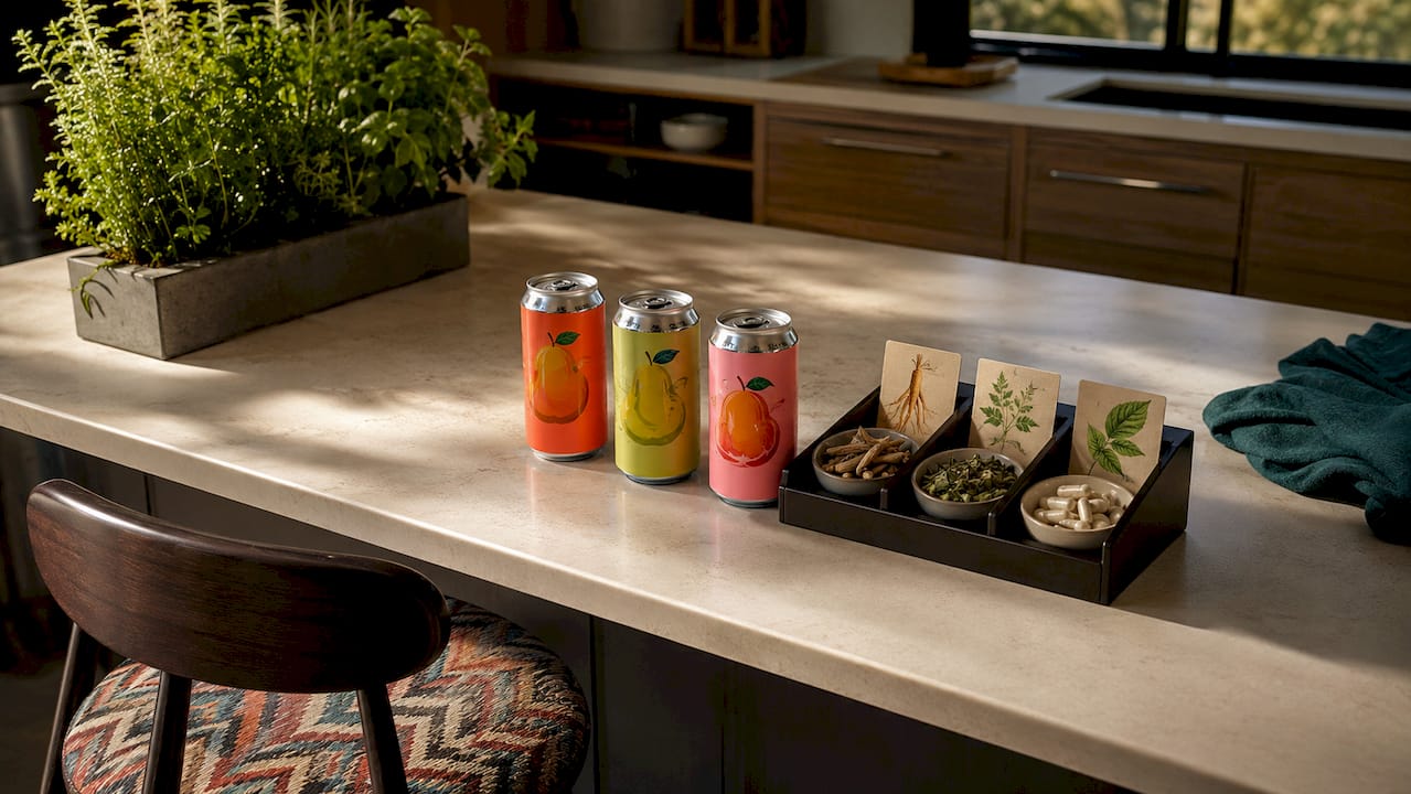 Hemp beverages with adaptogenic herbs in home setting