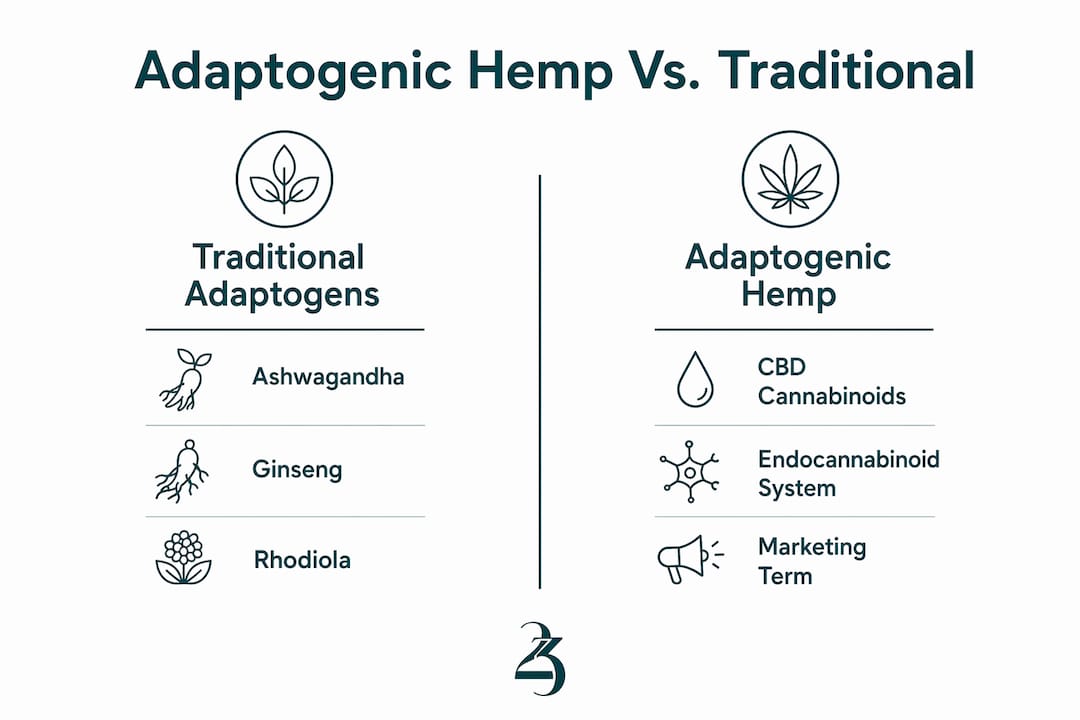 Infographic comparing adaptogenic hemp and traditional adaptogens