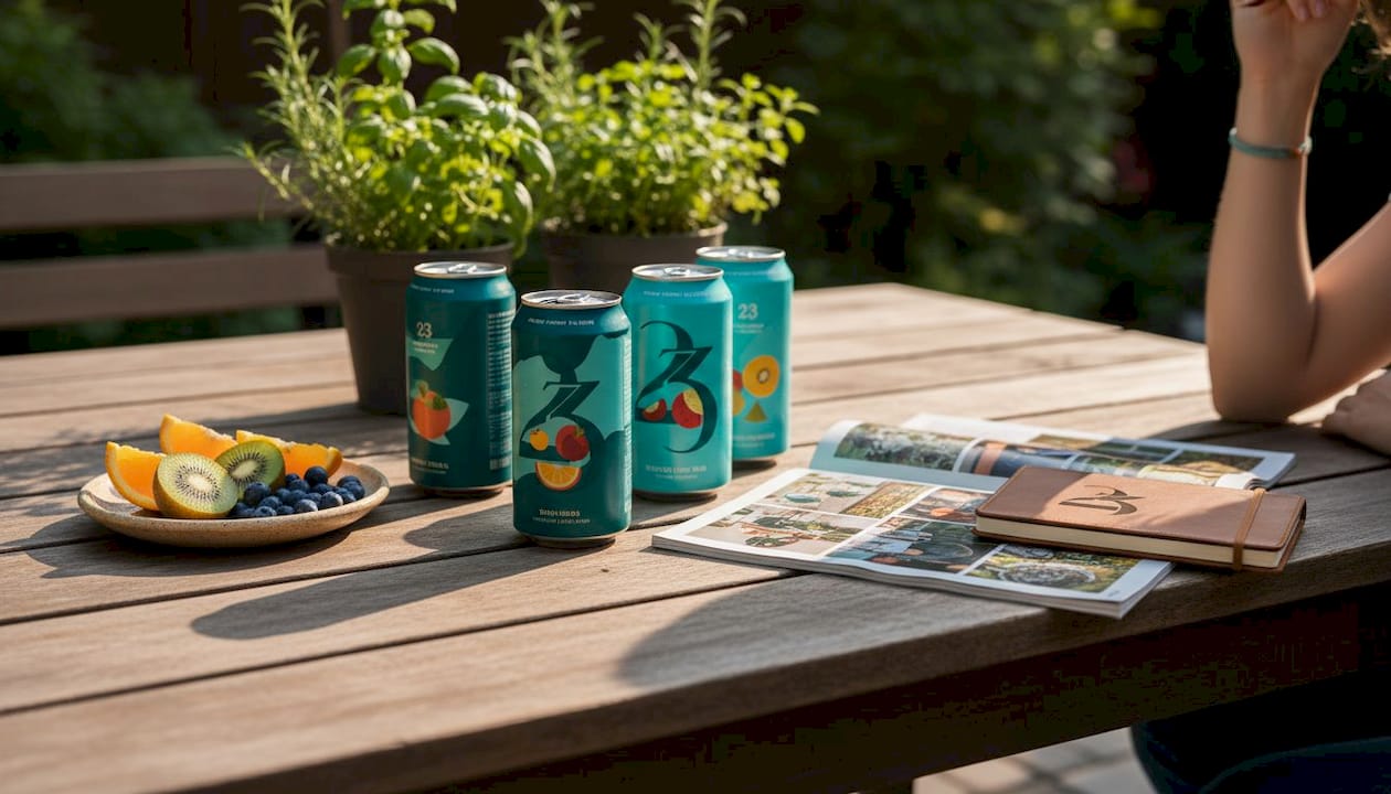 Over-shoulder view of hemp lifestyle branding elements on café table