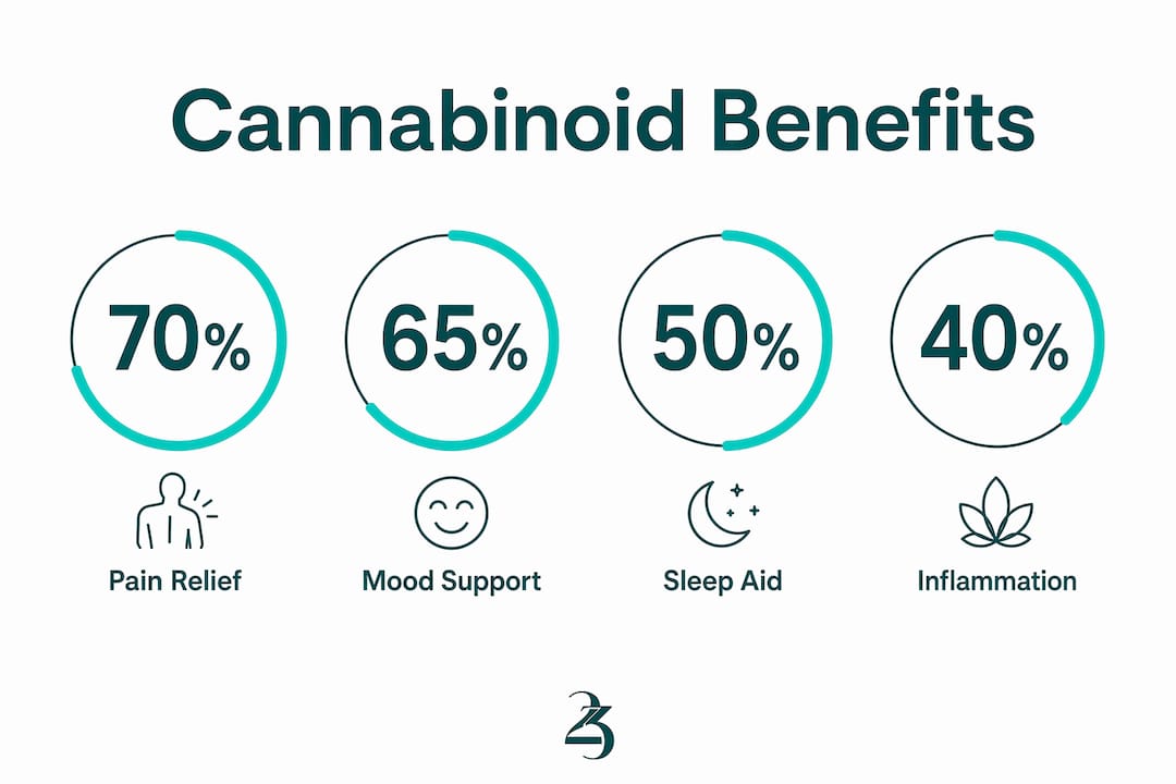 Infographic showing key cannabinoid wellness benefit statistics