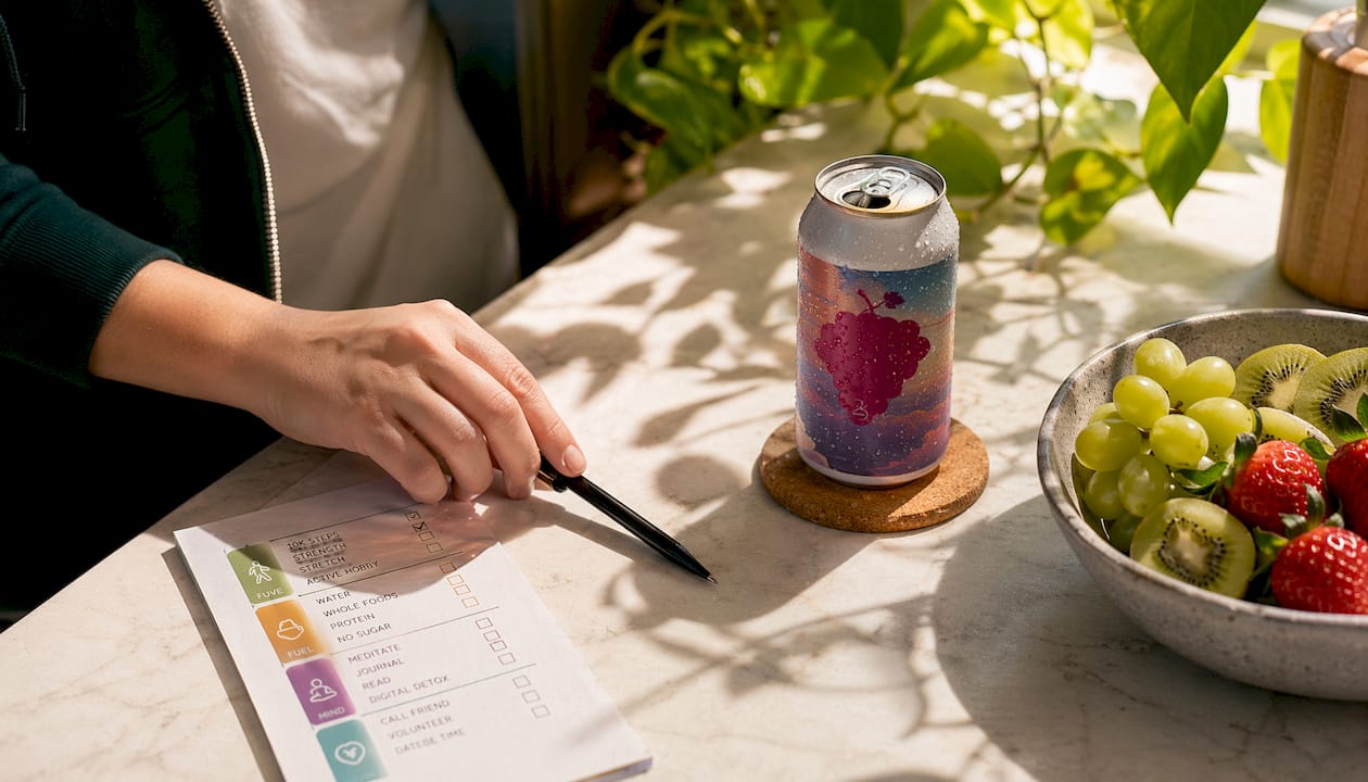 Hands with checklist and hemp THC canned beverage on table