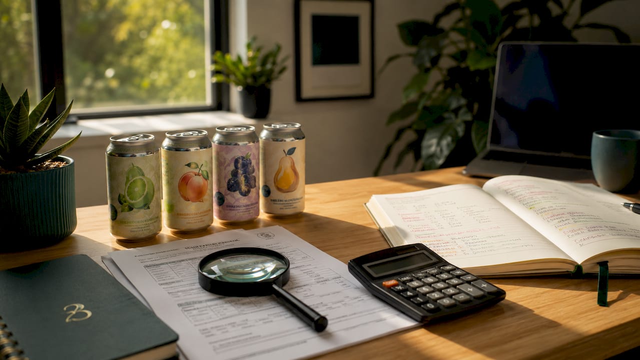 Close-up of lab report and cannabis beverages on desk