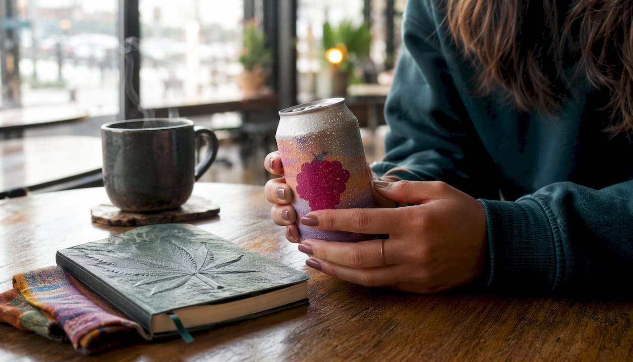 Hands holding cold CBD beverage can at home desk