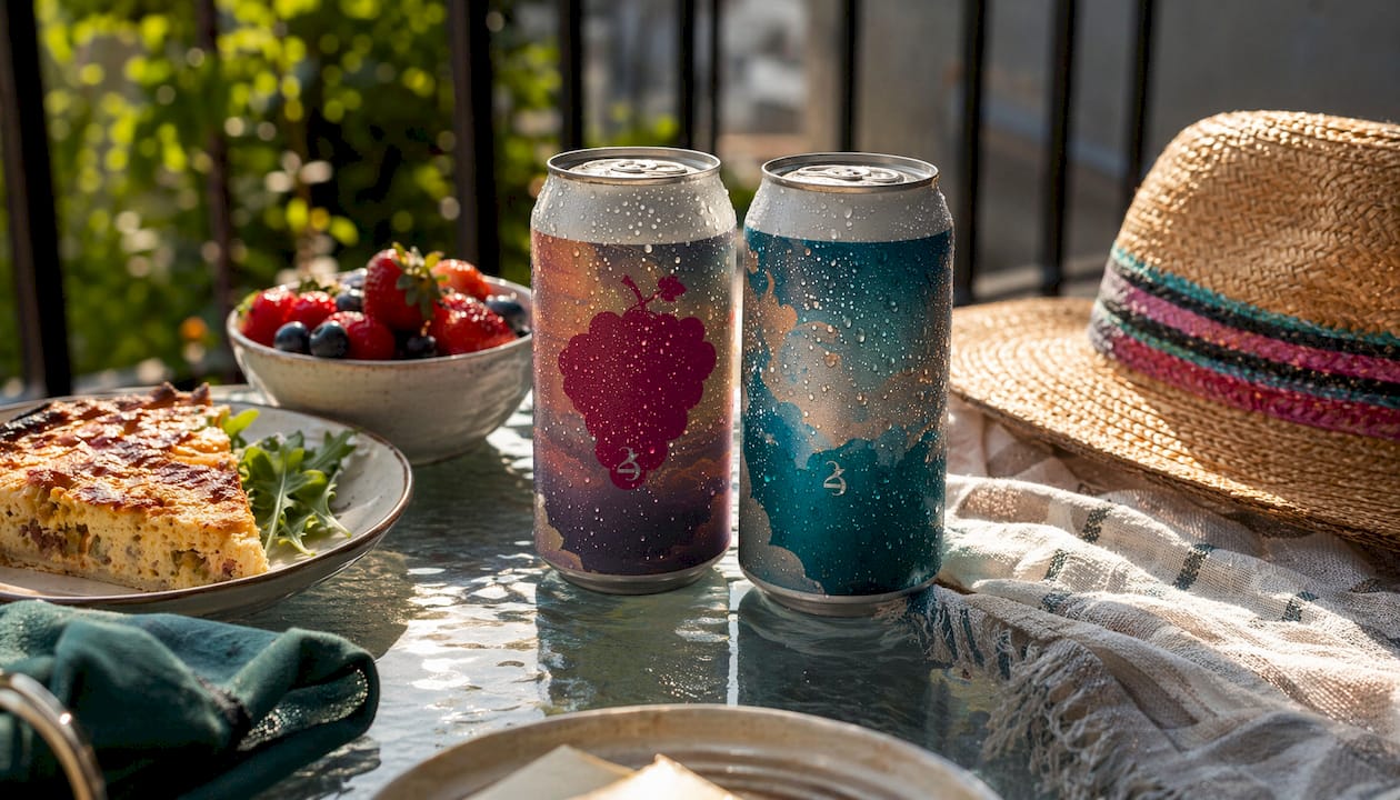 Two hemp cannabis beverages side by side on rooftop patio