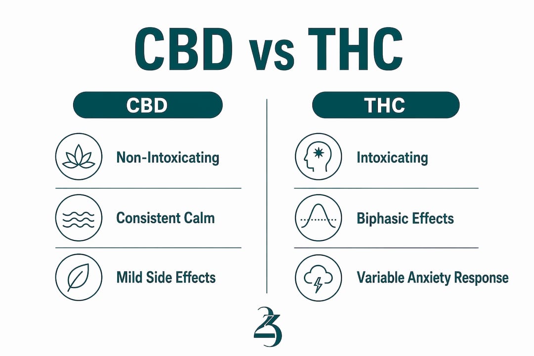 Infographic comparing CBD and THC qualities for anxiety