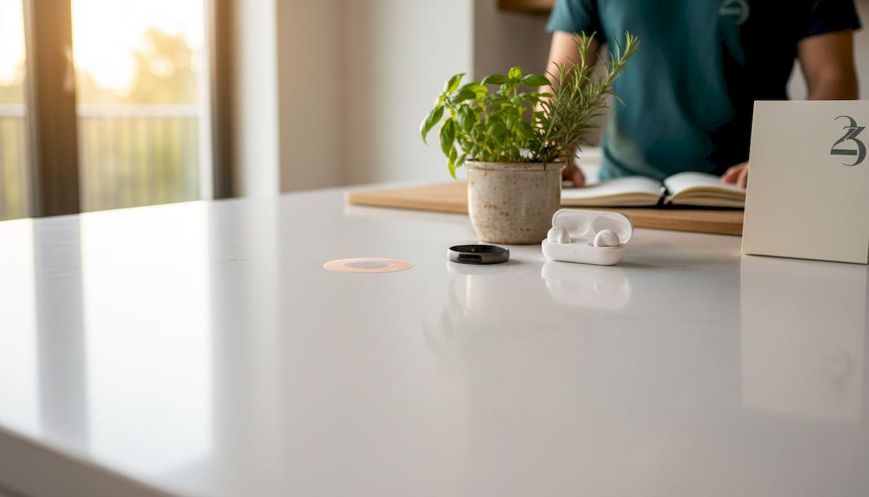Wellness accessories displayed on wooden coffee table