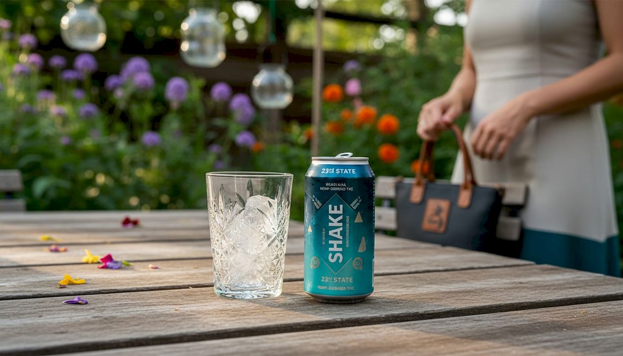 SHAKE hemp THC beverage on outdoor table at sunset