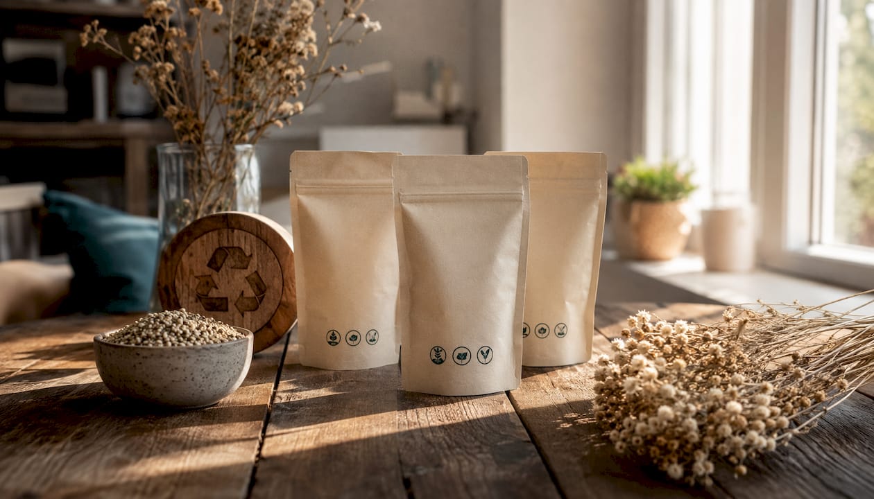 Hemp packaging with sustainability certification icons overhead view