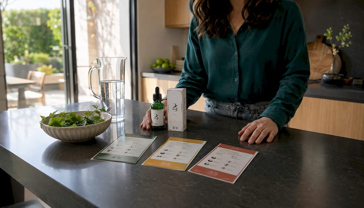 Printed hemp packaging labels and reading glasses on desk