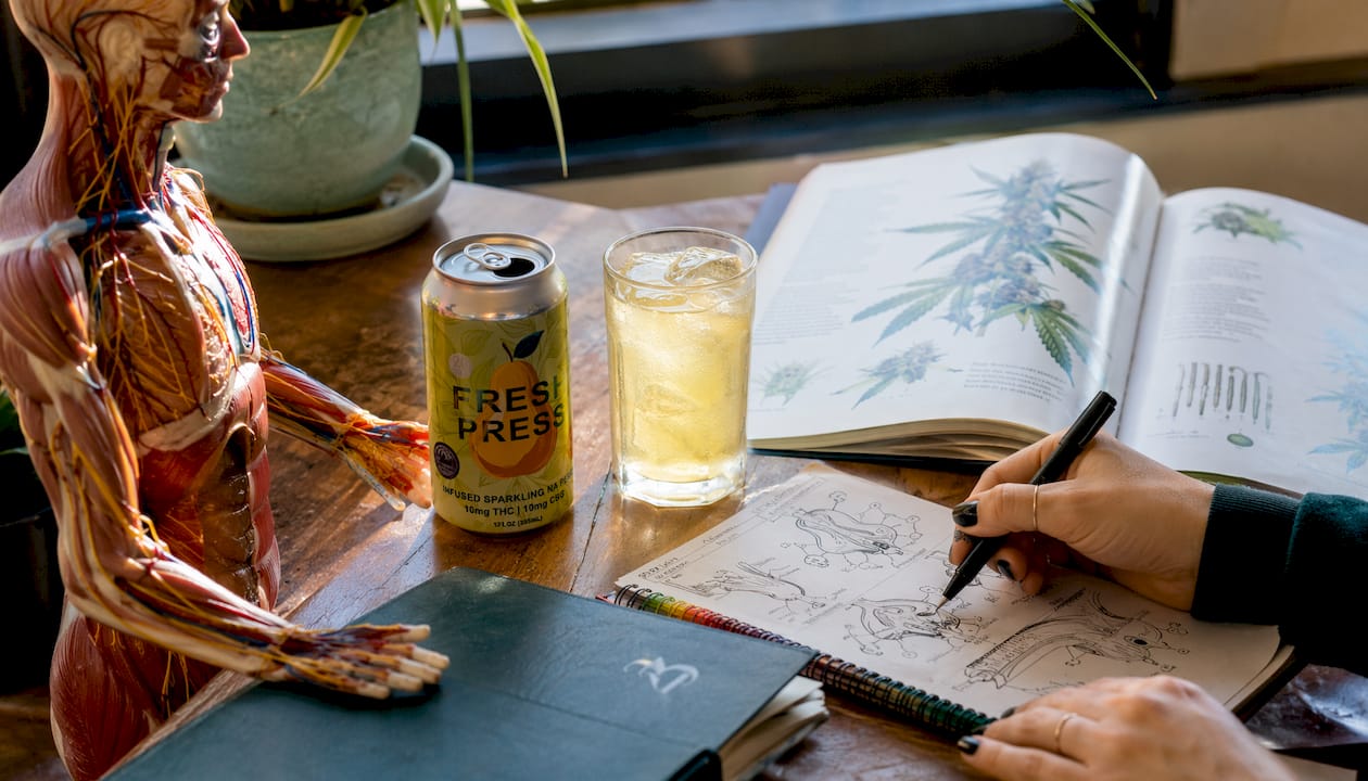 Home desk with nervous system model and cannabis beverage