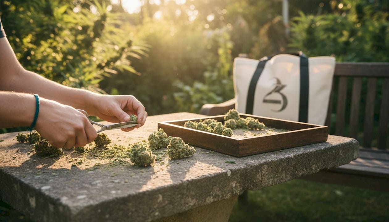 Hands hand-trimming artisan cannabis buds