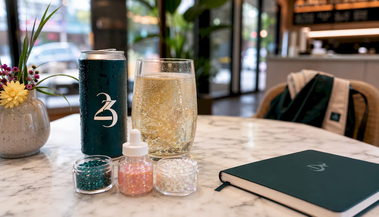 Top view of edible glitter types with hemp beverage on wood