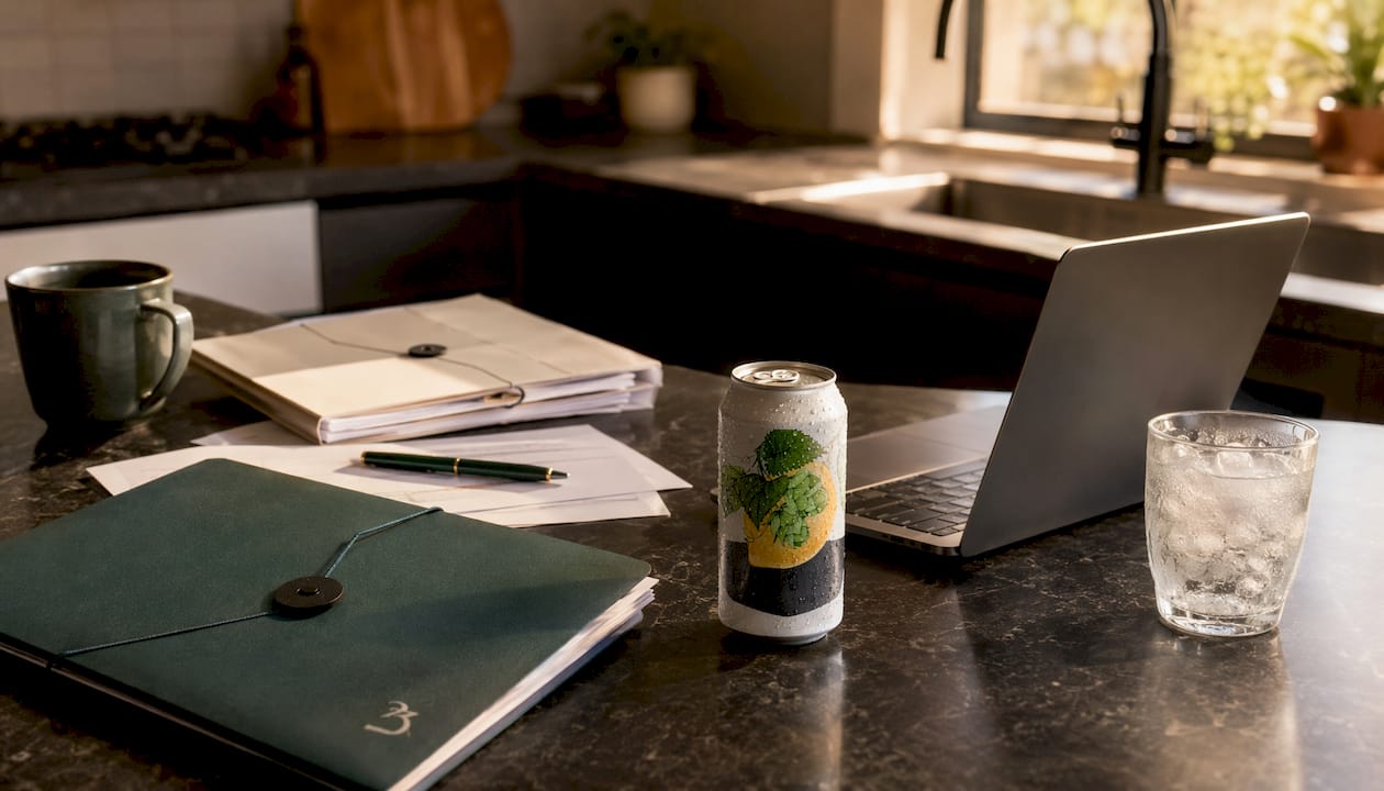 Home desk with THC drink receipts and laptop