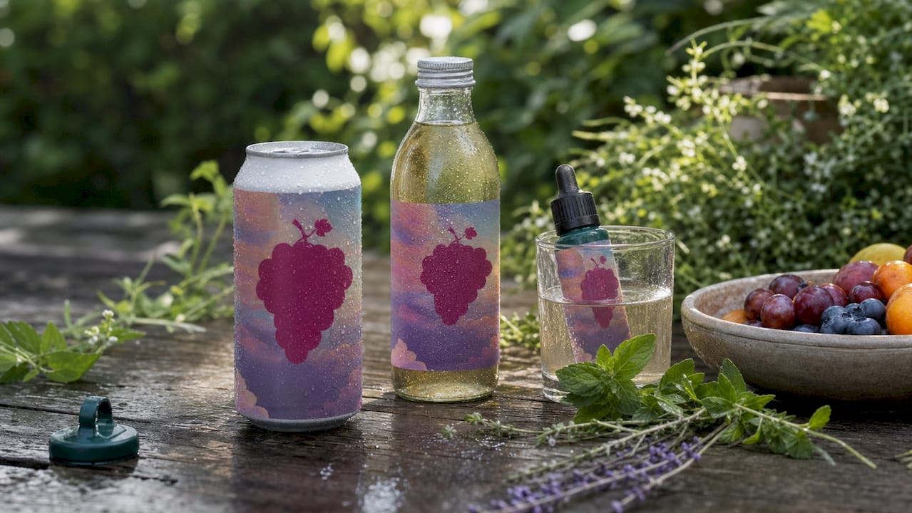Variety of hemp beverage containers on table