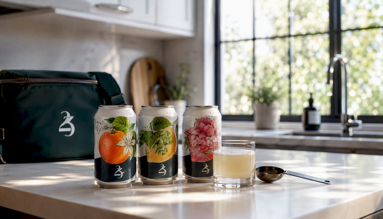 Cannabis beverage lineup with dosage tools