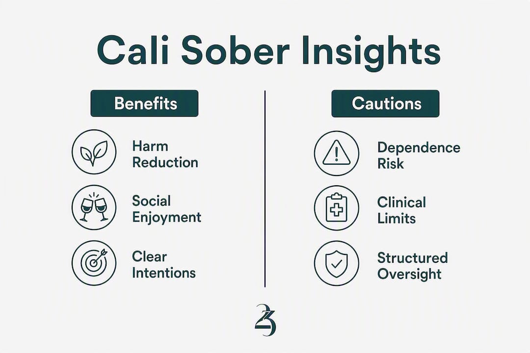 Infographic comparing Cali sober benefits and cautions