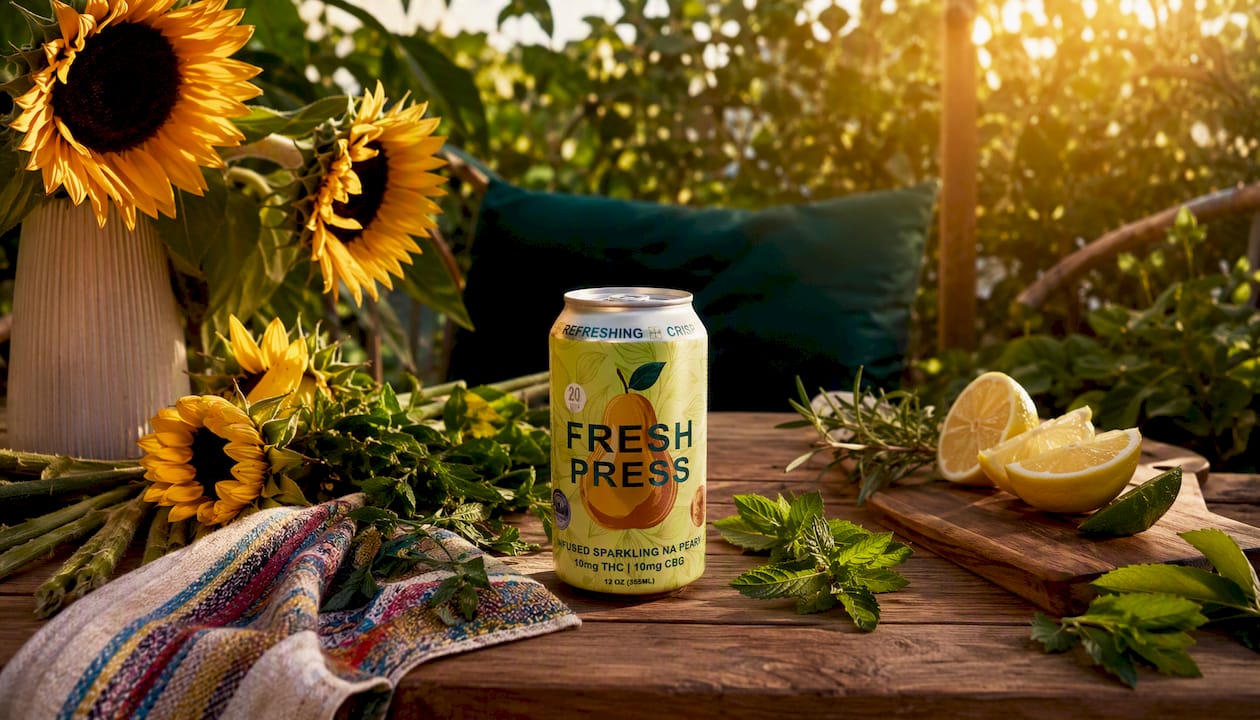Low-dose hemp beverage and timer on dining table