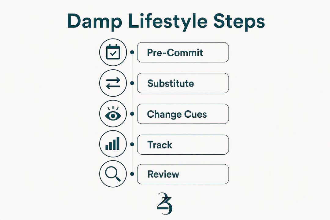 Infographic outlining steps to adopt damp lifestyle