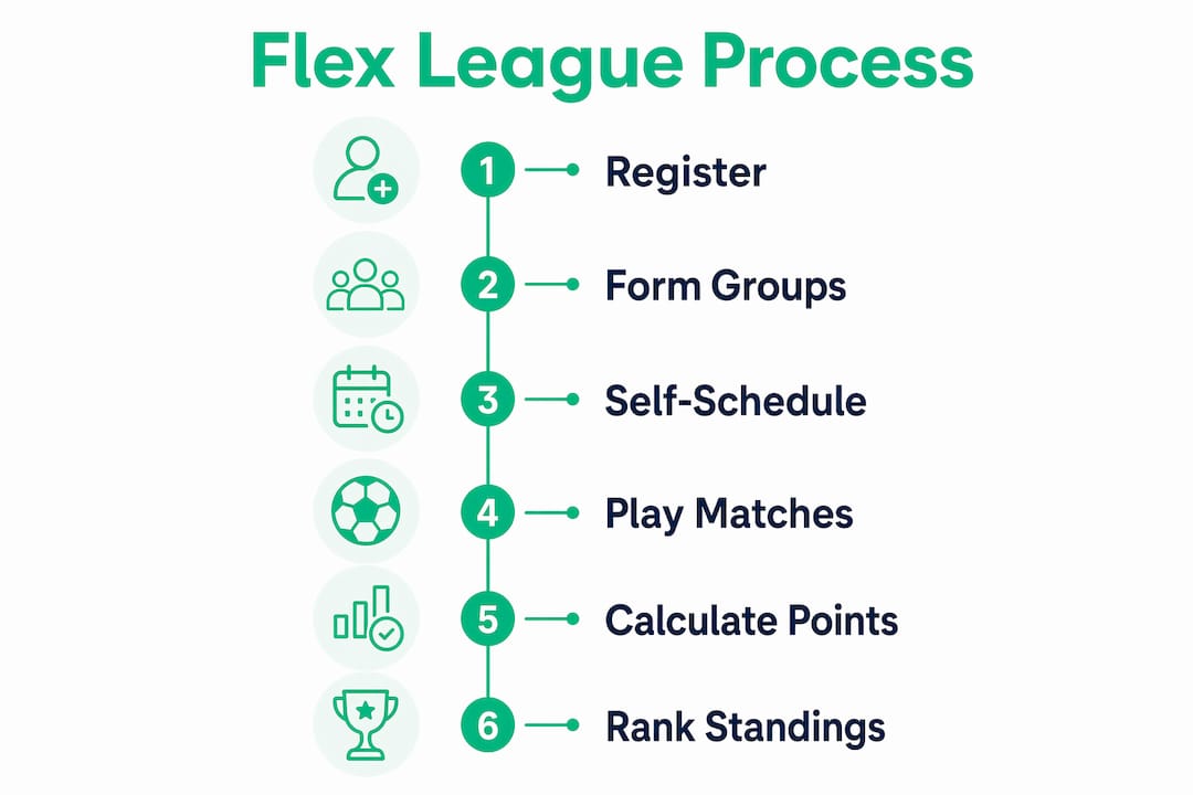 Infographic depicting flex league scheduling and scoring steps
