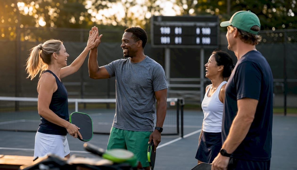 Hands holding pickleball paddle near scoreboard at court