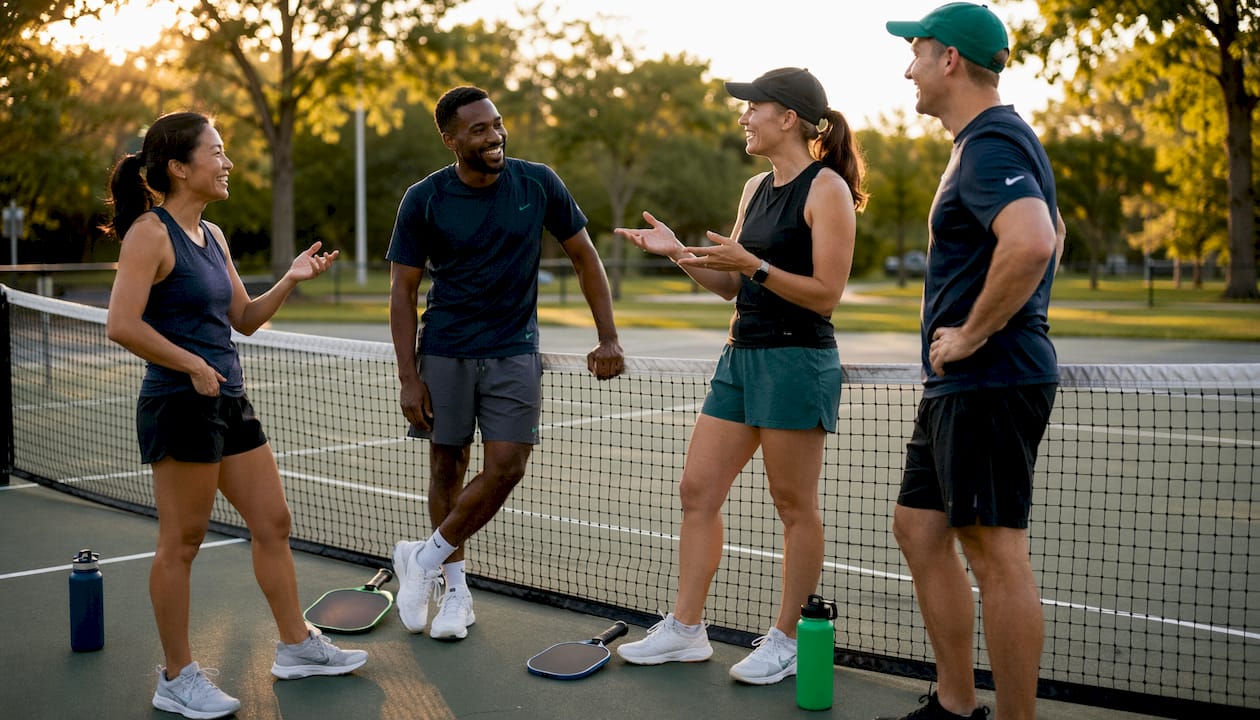 Players scheduling pickleball flex league match outdoors