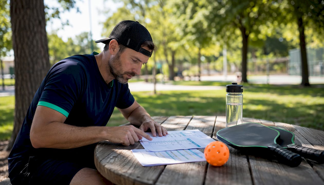 Man reviewing pickleball rating sheets outdoors