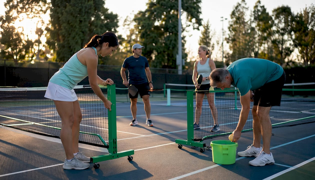 Group setting up pickleball courts outdoors