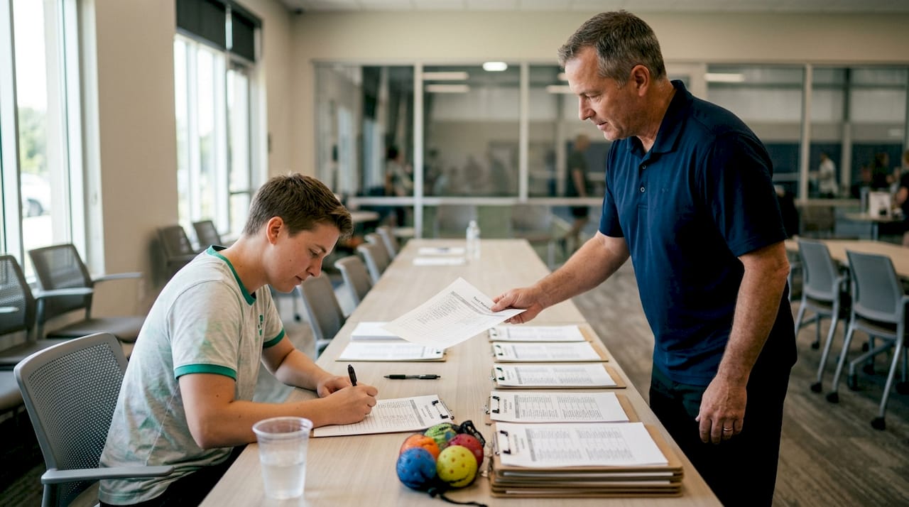 Hands exchanging pickleball roster and substitution form