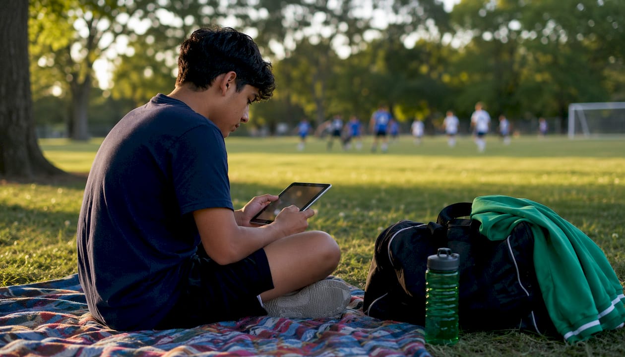 Teen using tablet for sports registration outdoors