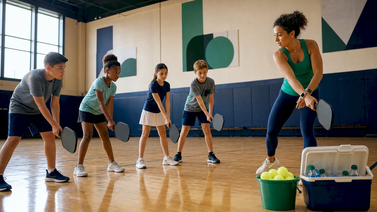 Kids practicing pickleball skills in indoor gym