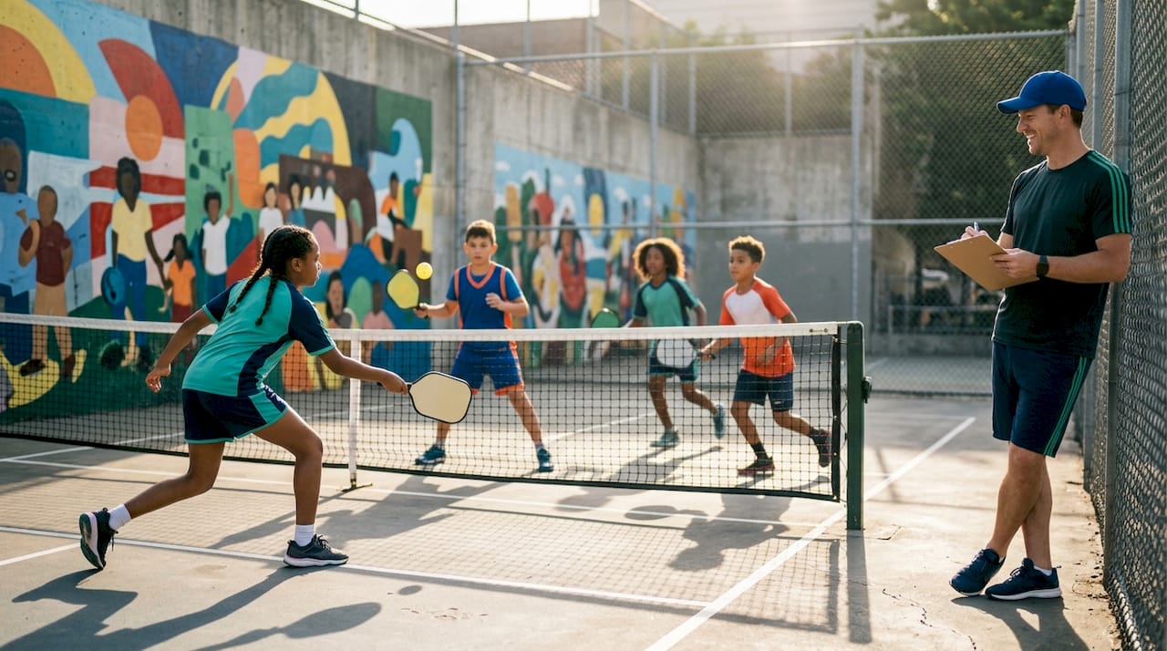 Children playing pickleball on outdoor court with coach