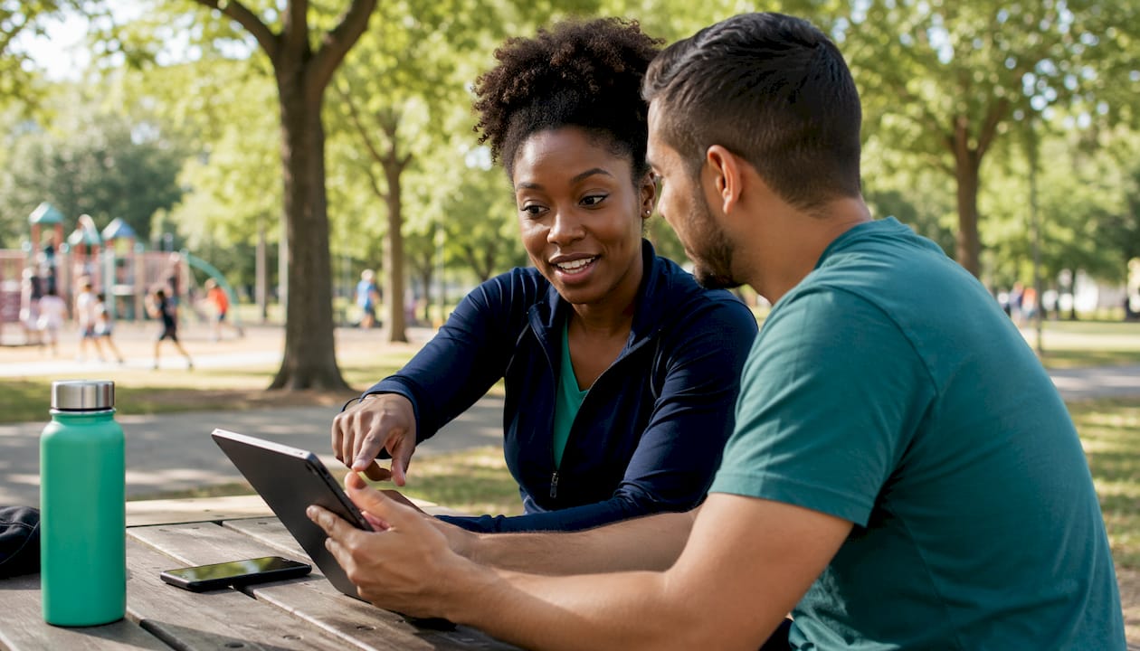 Two colleagues discussing pickleball scheduling app outdoors