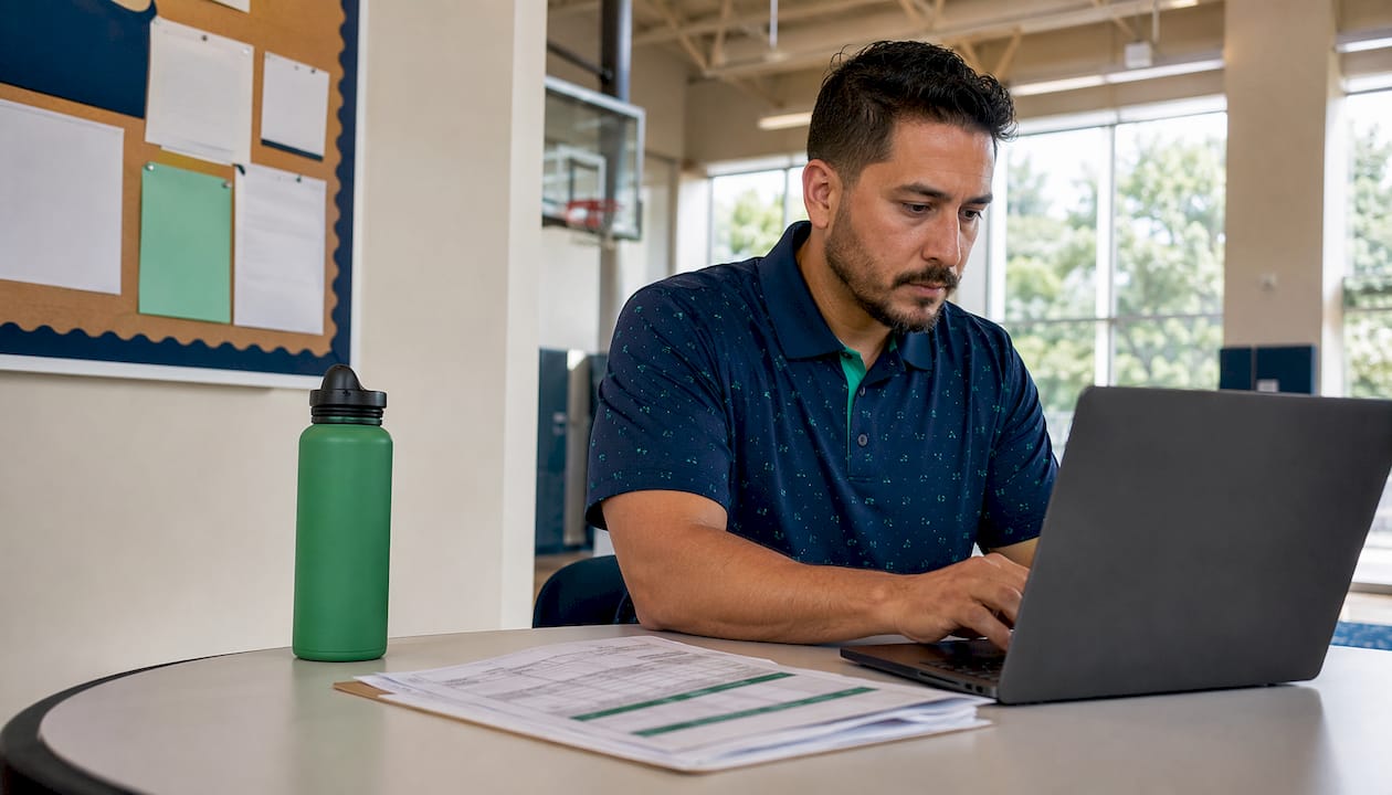 League organizer using scheduling app at desk