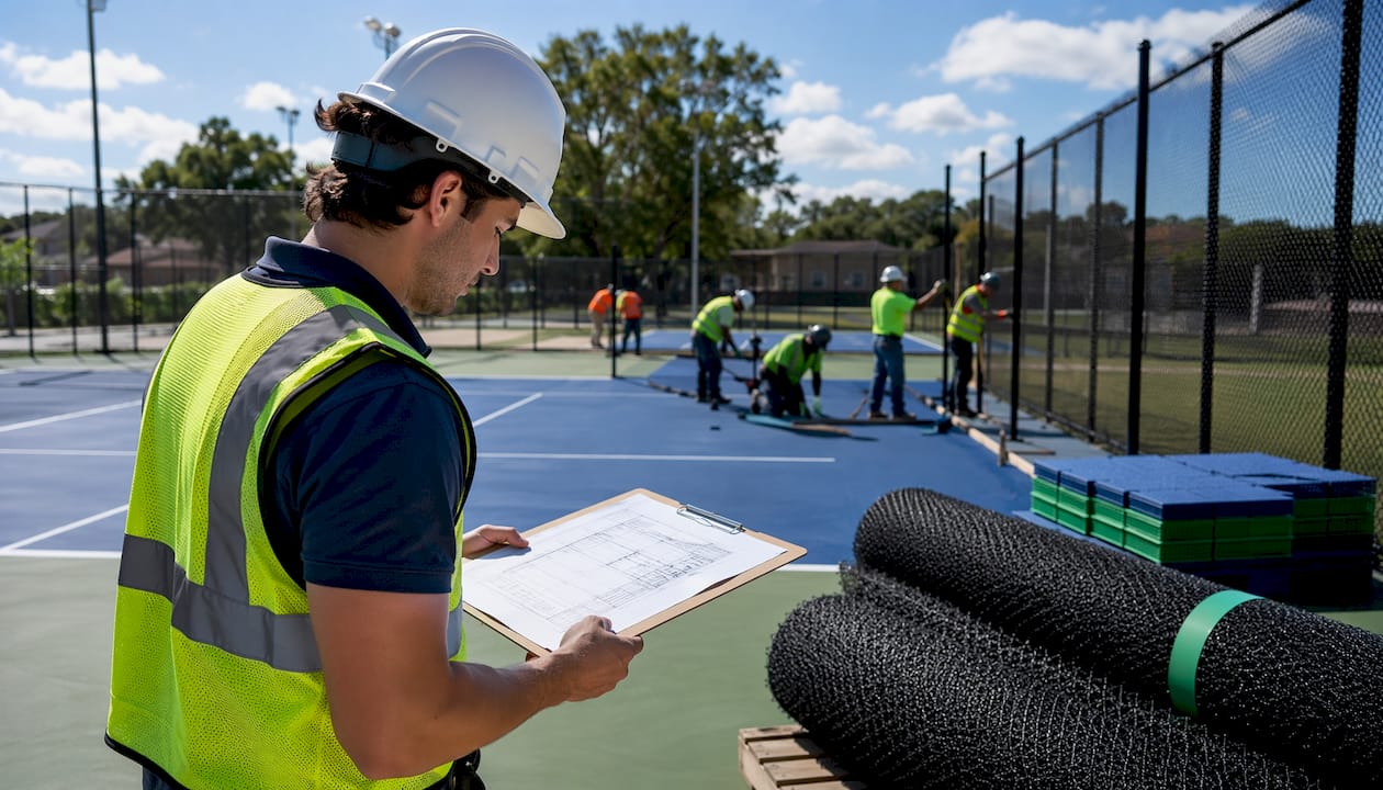 Contractor reviewing pickleball court construction site