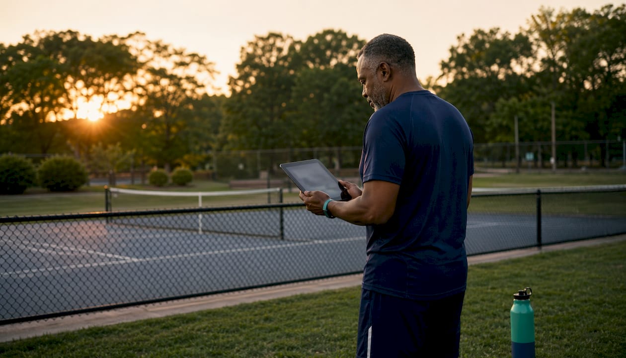 Hands scrolling tournament bracket on tablet