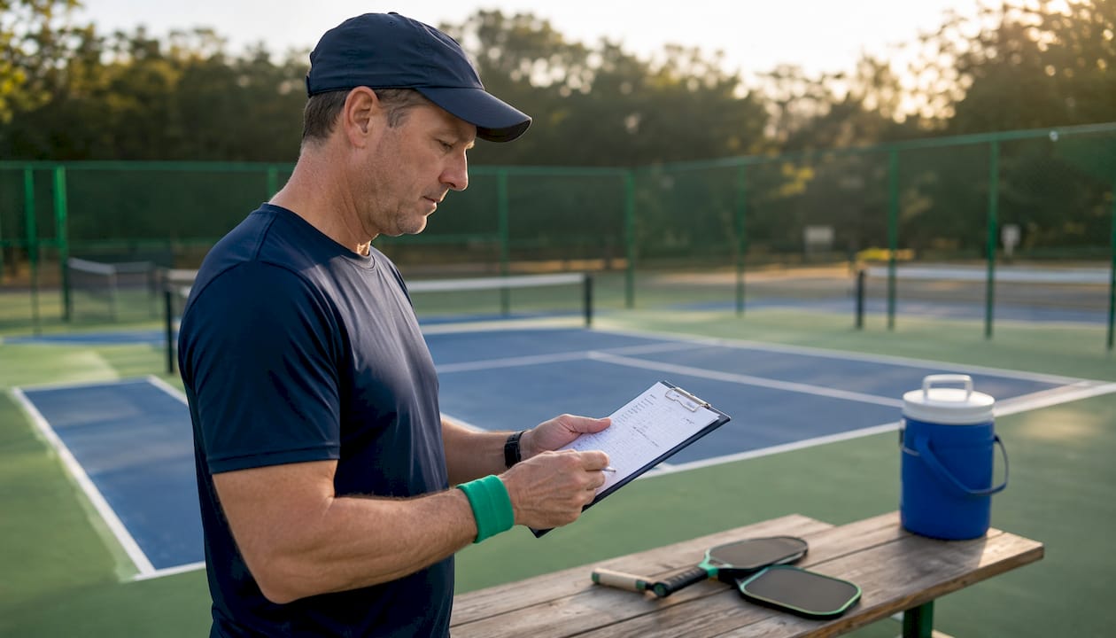 Man reviewing pickleball court setup checklist outdoors