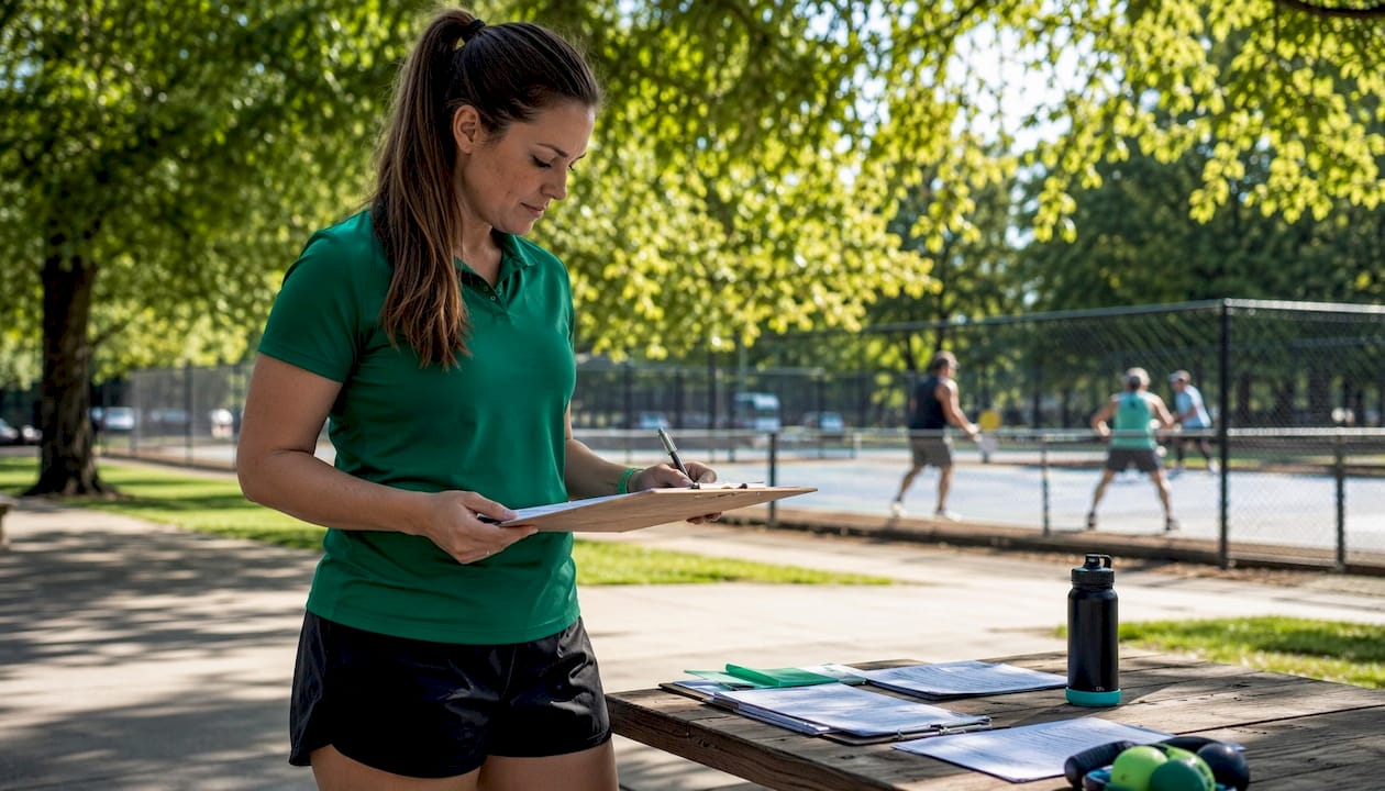 Woman planning pickleball league schedules at table