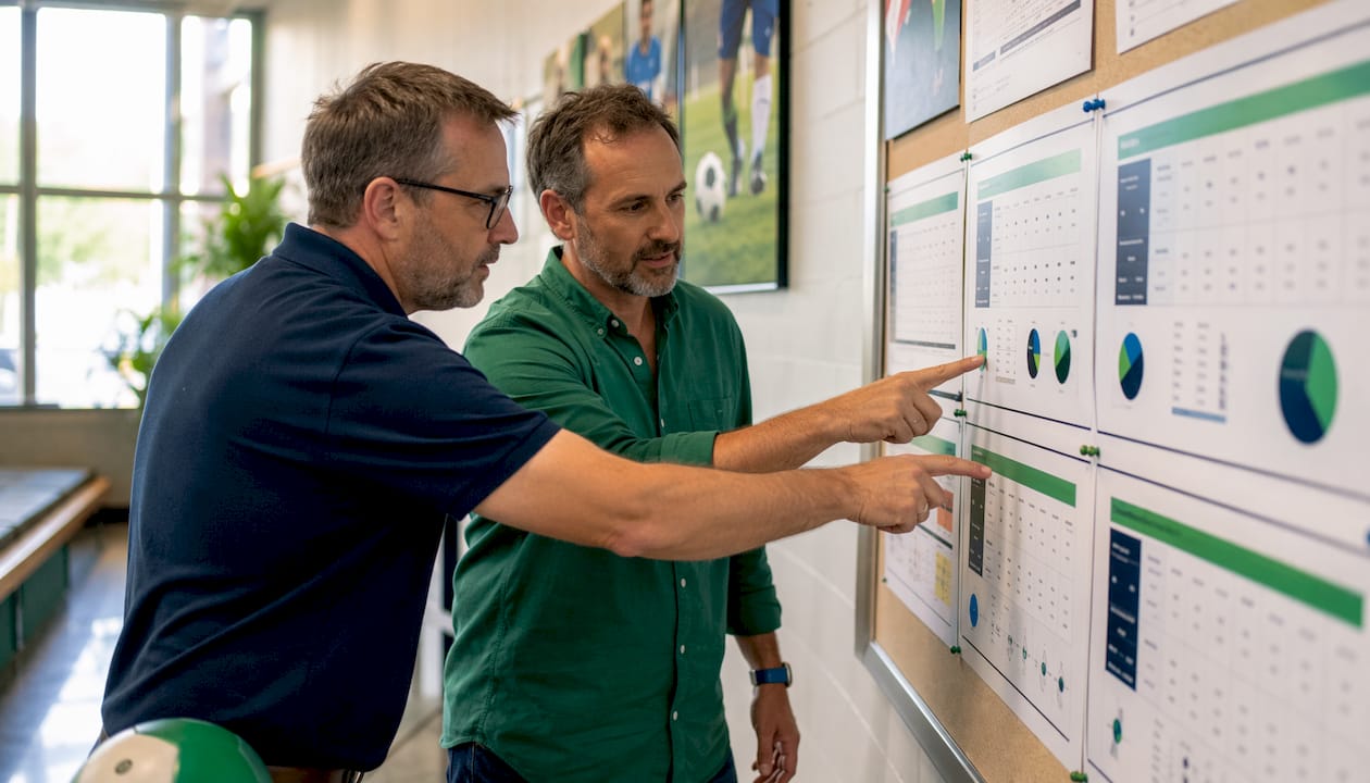 Two men discussing pickleball league platform comparisons